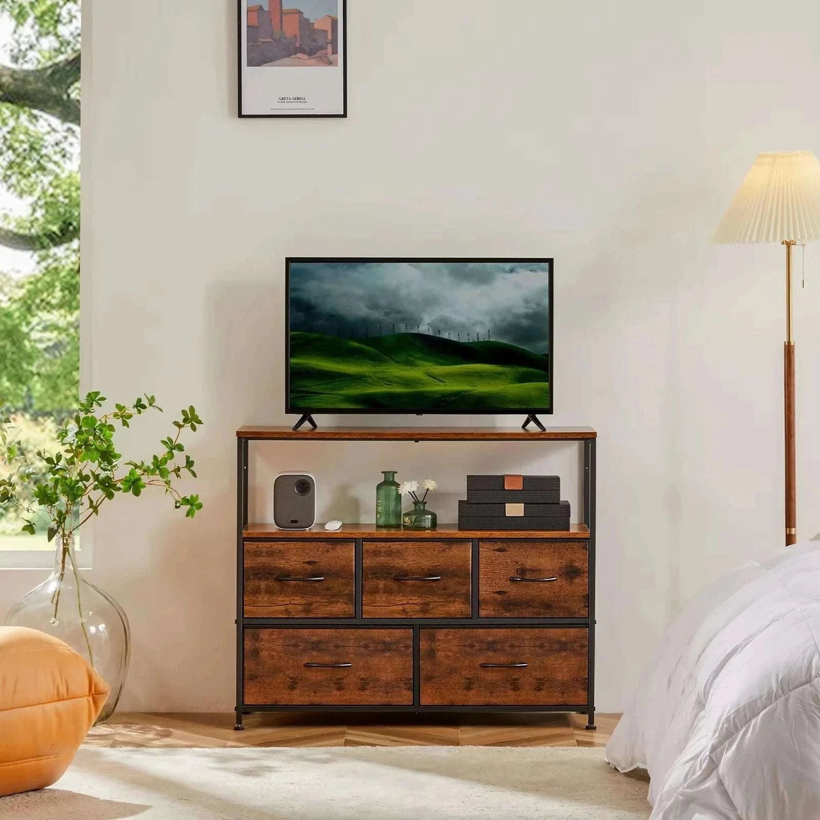 TV Stand with 5 Fabric Drawers Storage Dresser for Bedroom-GRAY / United States
