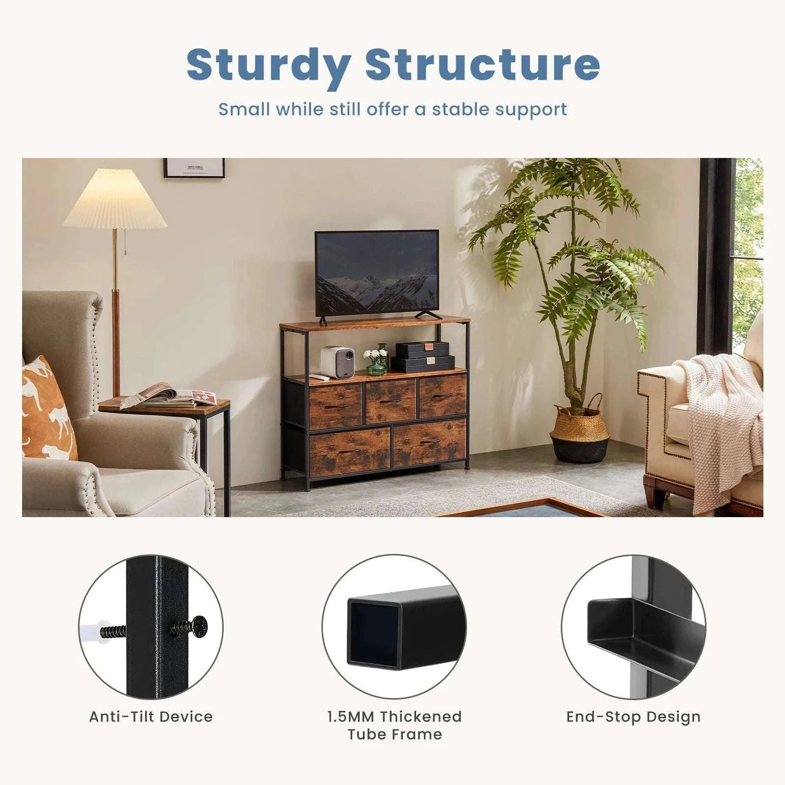 TV Stand with 5 Fabric Drawers Storage Dresser for Bedroom-GRAY / United States