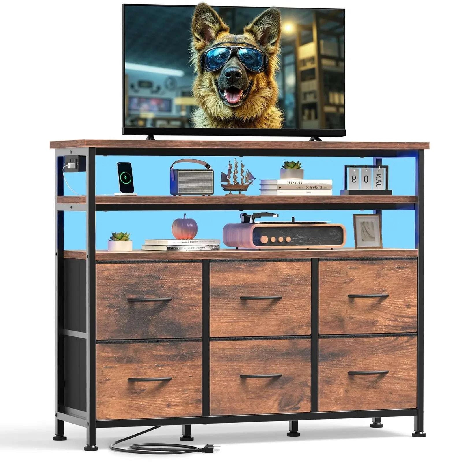 TV Stand with 6 Drawers, Charging Station & LED Lights for up to 45" TVs-WHITE / United States