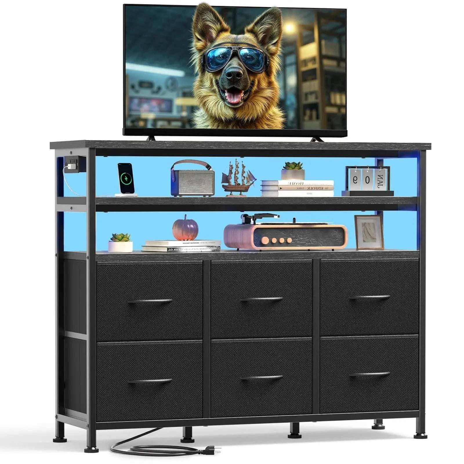 TV Stand with 6 Drawers, Charging Station & LED Lights for up to 45" TVs-WHITE / United States