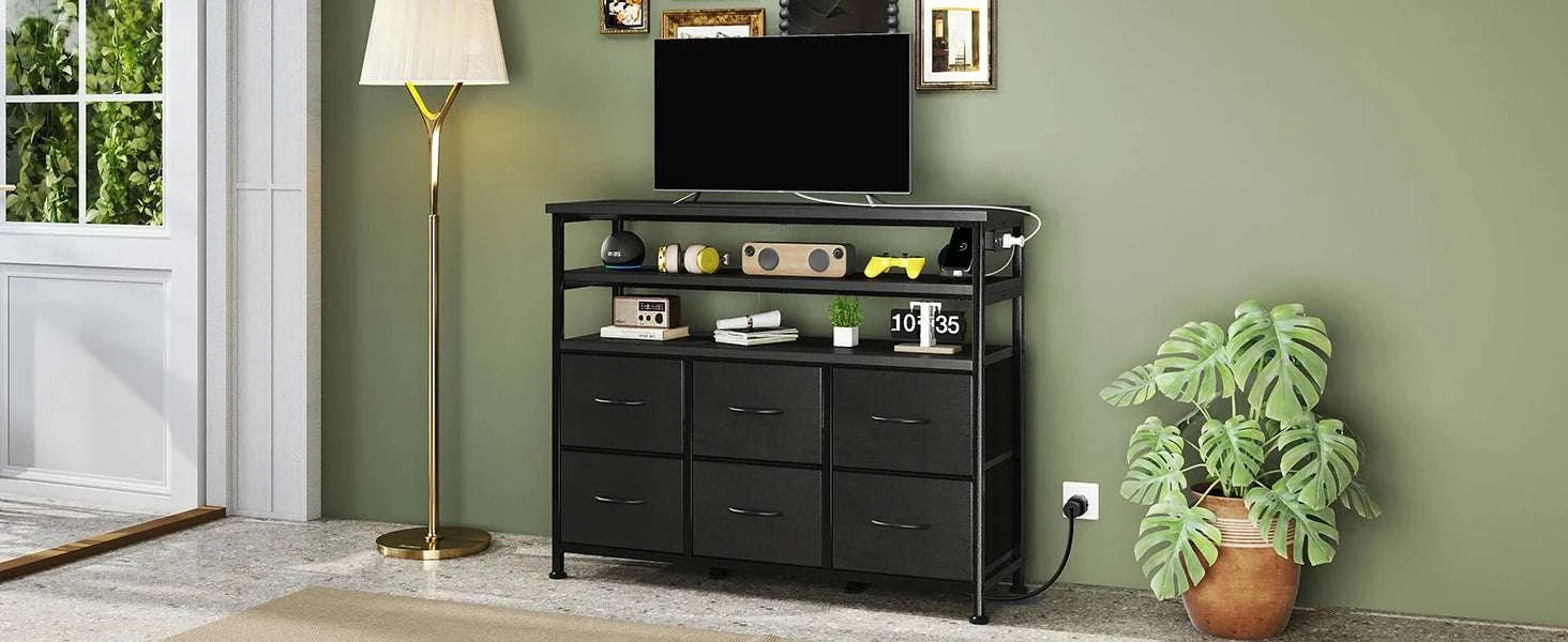 TV Stand with 6 Drawers, Charging Station & LED Lights for up to 45" TVs-WHITE / United States