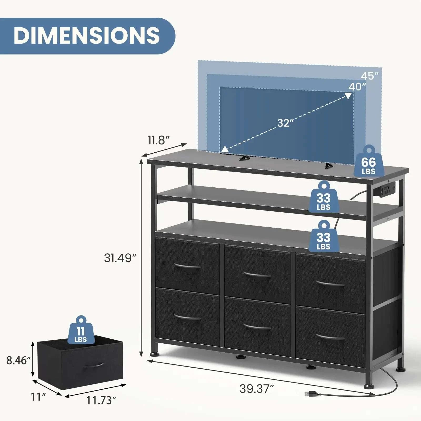 TV Stand with 6 Drawers, Charging Station & LED Lights for up to 45" TVs-WHITE / United States