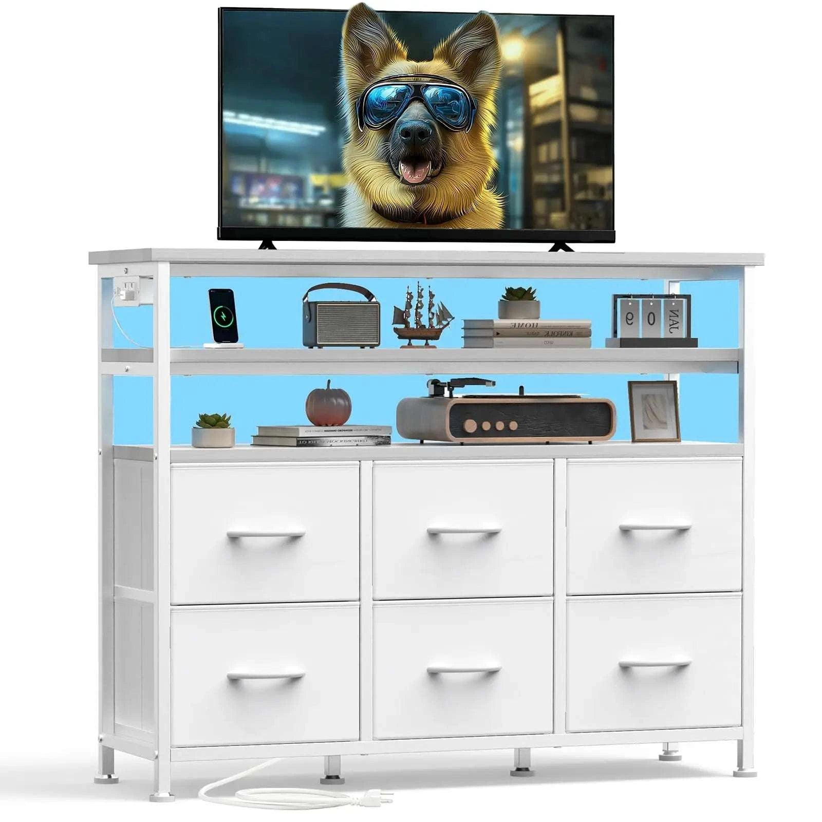 TV Stand with 6 Drawers, Charging Station & LED Lights for up to 45" TVs-WHITE / United States