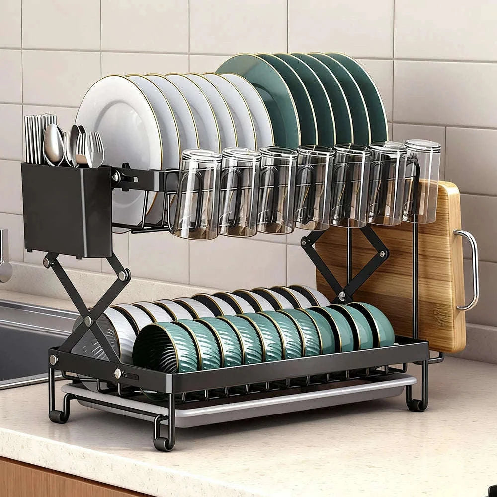 Two-Tier Foldable Over Sink Dish Rack with Utensil & Board Holder-black / france / 2-tier