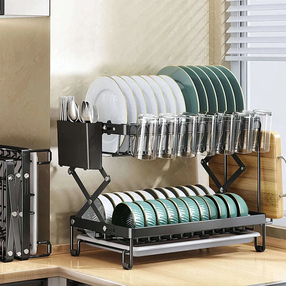 Two-Tier Foldable Over Sink Dish Rack with Utensil & Board Holder-black / france / 2-tier