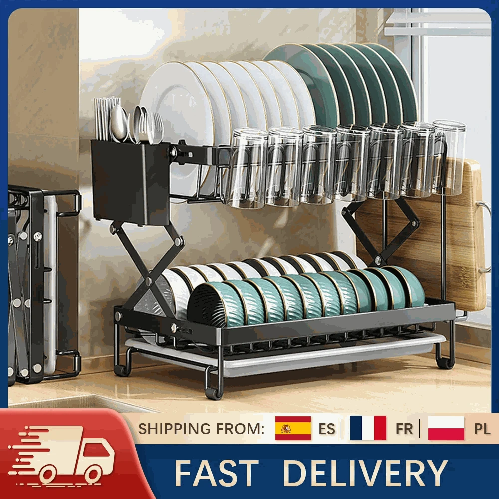 Two-Tier Foldable Over Sink Dish Rack with Utensil & Board Holder-black / france / 2-tier