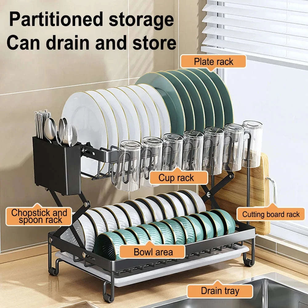 Two-Tier Foldable Over Sink Dish Rack with Utensil & Board Holder-black / france / 2-tier