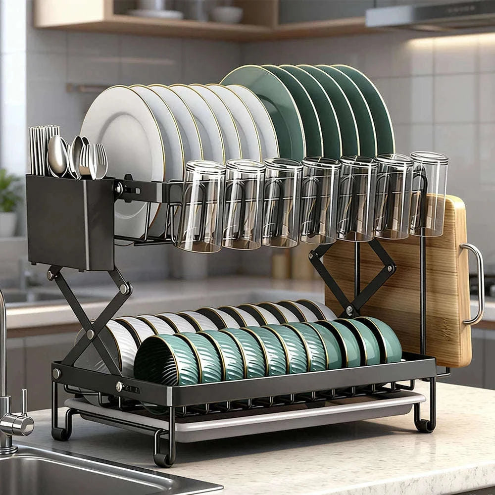 Two-Tier Foldable Over Sink Dish Rack with Utensil & Board Holder-black / france / 2-tier