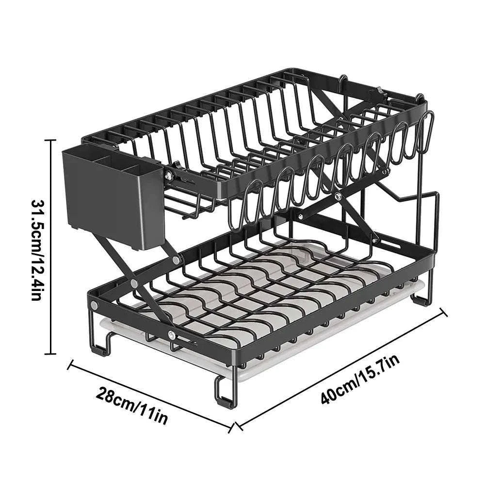 Two-Tier Foldable Over Sink Dish Rack with Utensil & Board Holder-black / france / 2-tier