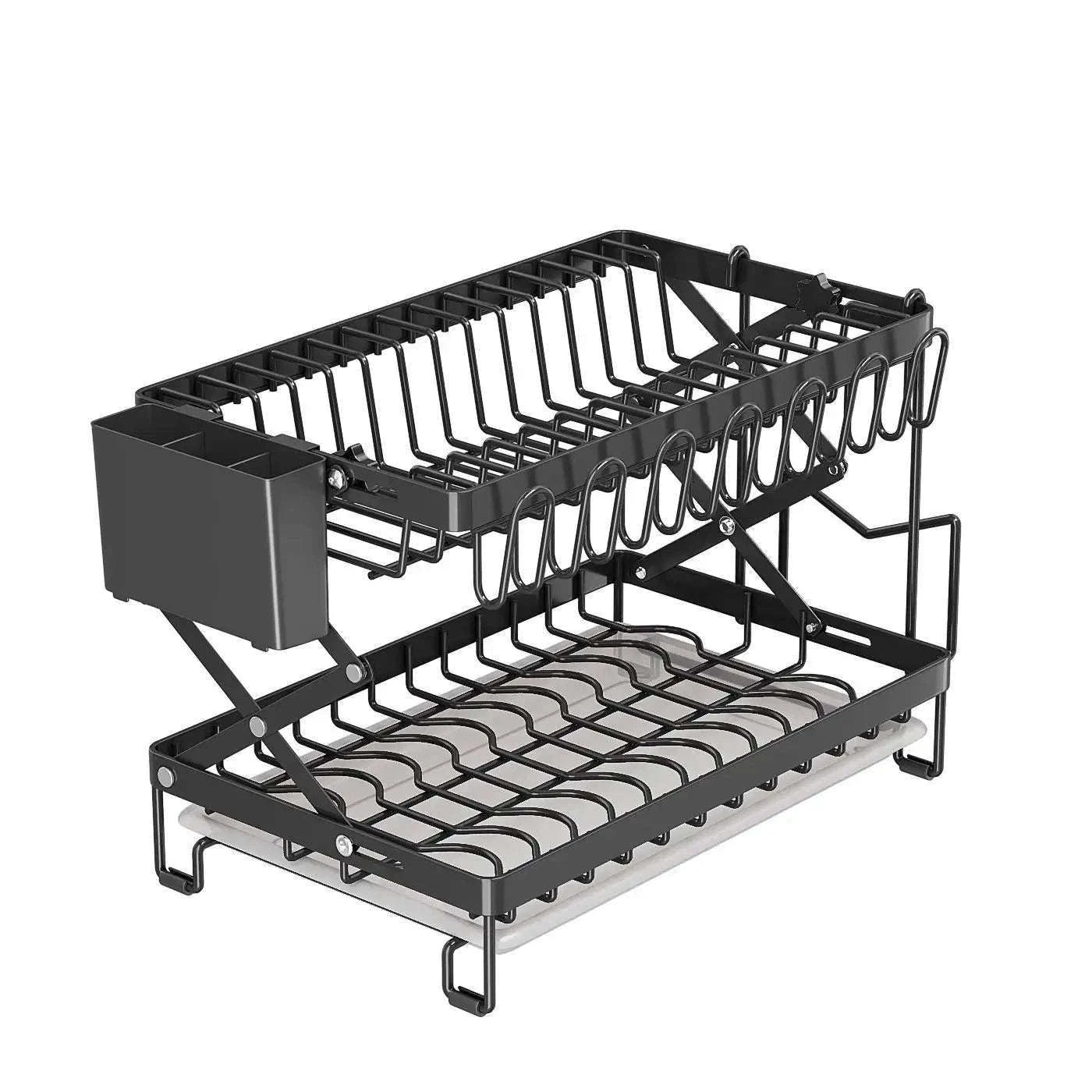 Two-Tier Foldable Over Sink Dish Rack with Utensil & Board Holder-black / france / 2-tier