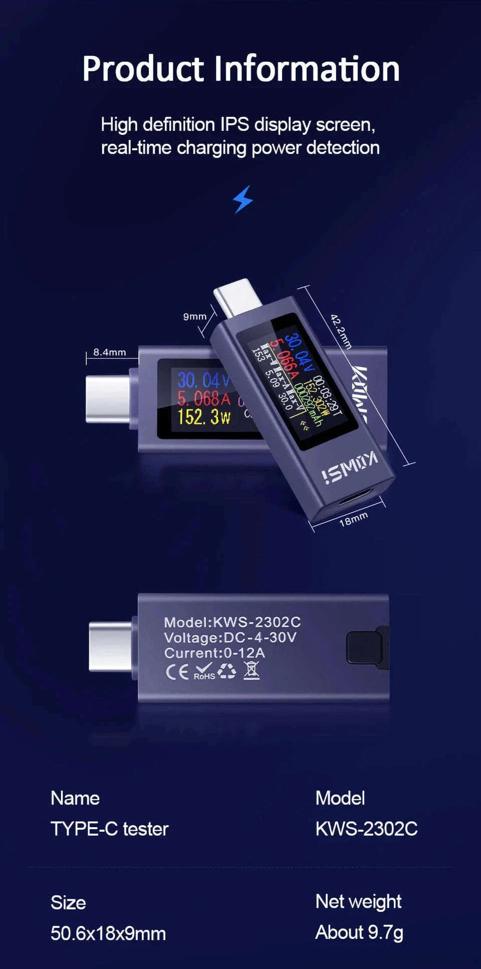 Type‑C Multi‑Function Digital Display Power Meter-KWS-2302C