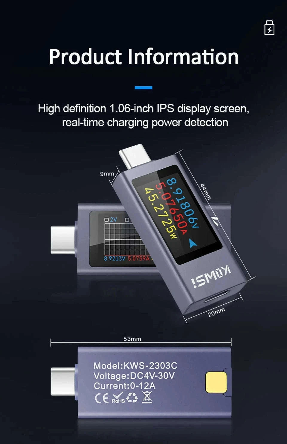 Type‑C Multi‑Function Digital Display Power Meter-KWS-2302C