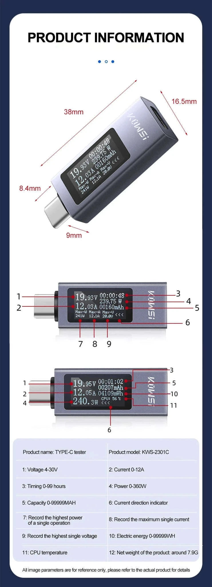 Type‑C Multi‑Function Digital Display Power Meter-KWS-2302C