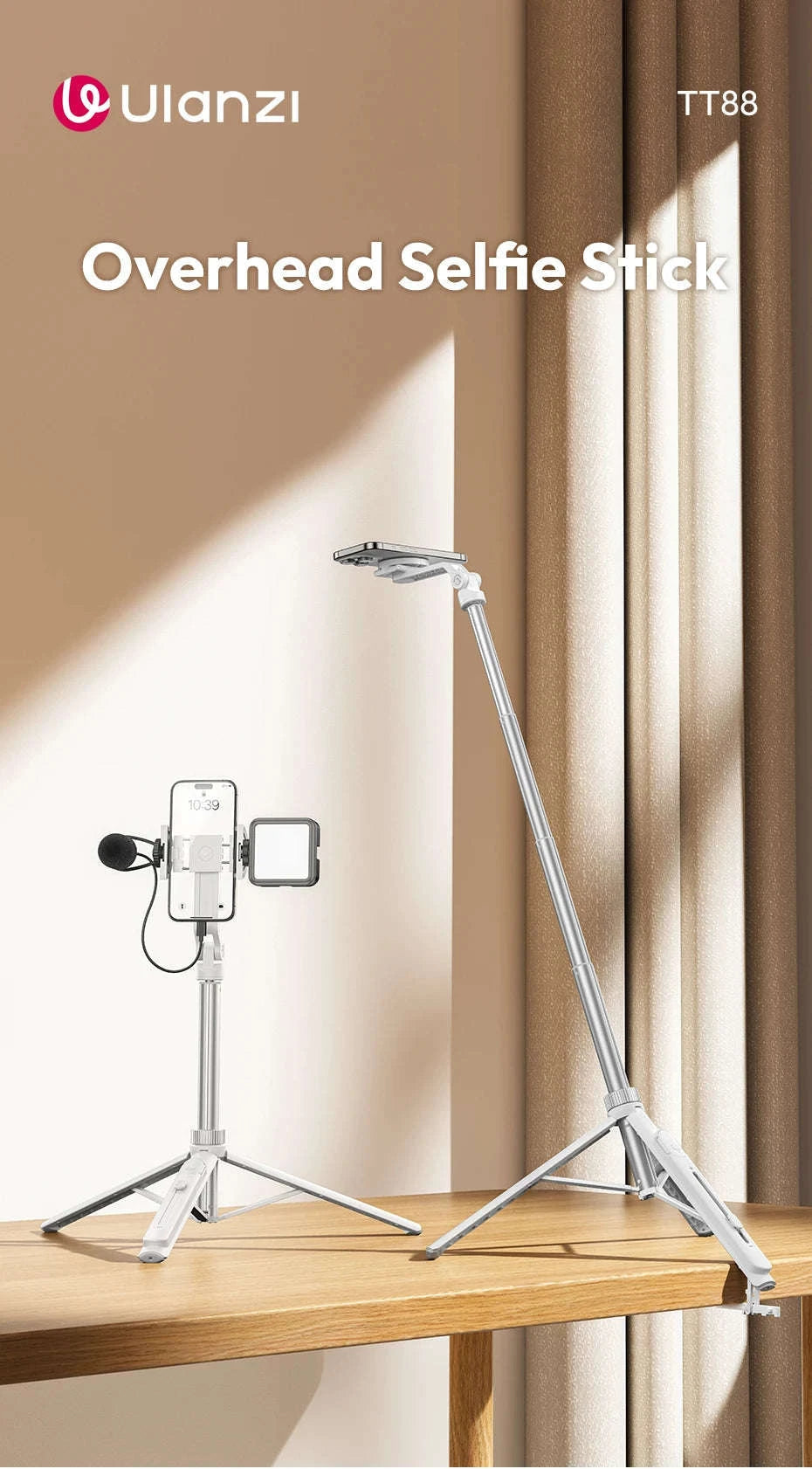 Ulanzi TT88 Overhead Selfie Stick Tripod for Vlogging-White TT88 / CHINA