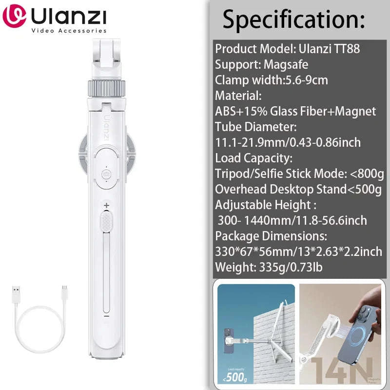 Ulanzi TT88 Overhead Selfie Stick Tripod for Vlogging-White TT88 / CHINA
