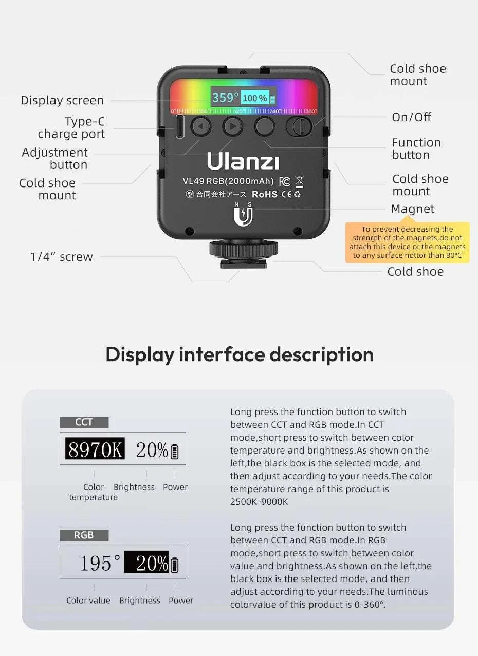 Ulanzi VL49 RGB LED Video Light with Adjustable Color & 2000mAh Battery-2PCS VL49 / spain