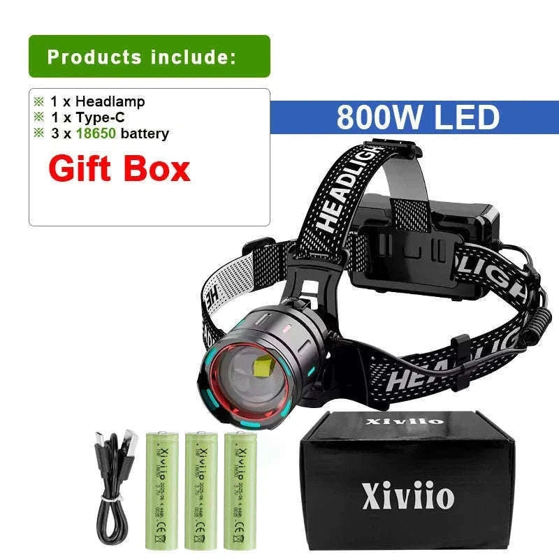 Ultra-Bright LED Headlamp with Zoom, Waterproof, Rechargeable-B-18650 battery