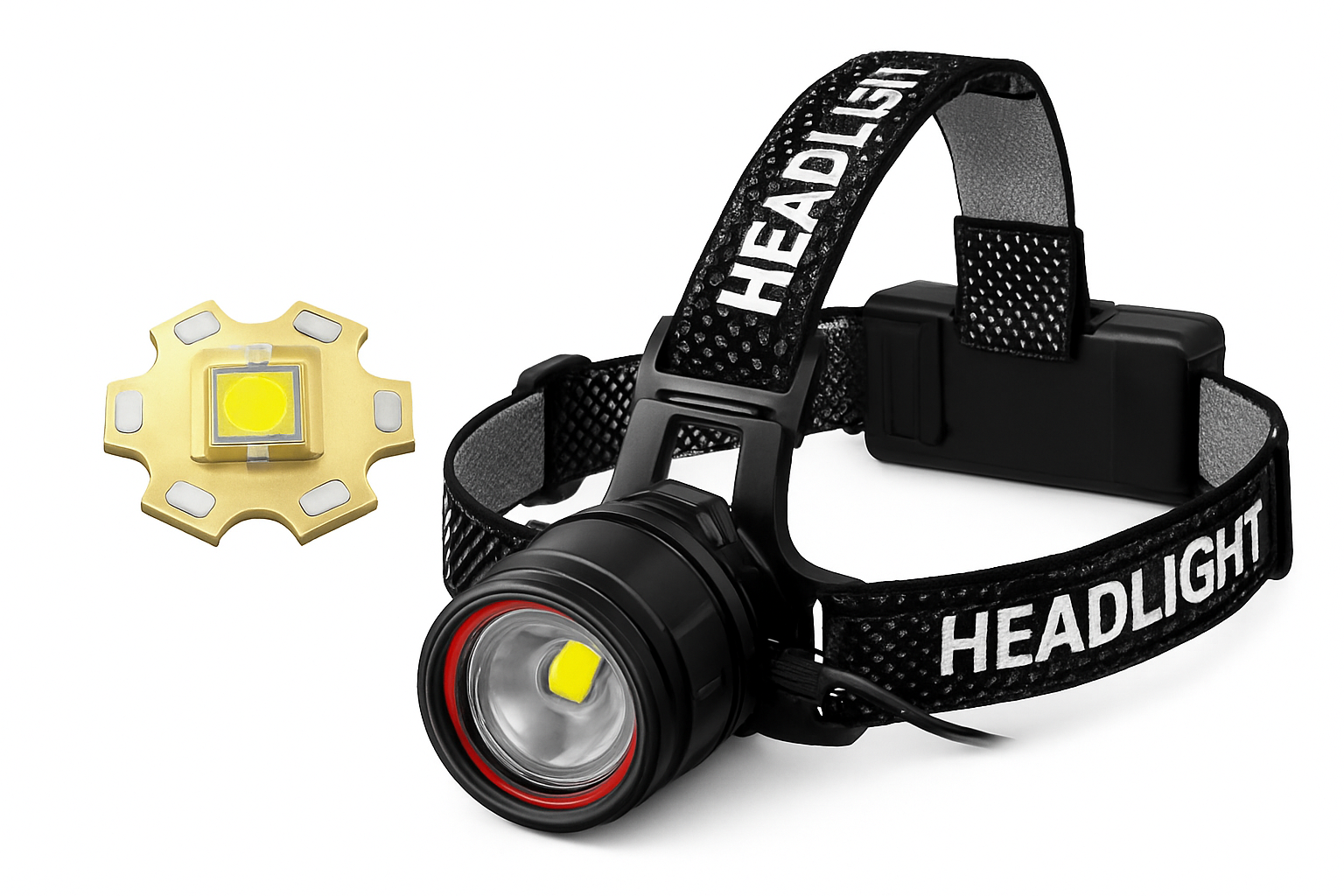 Ultra-Bright LED Headlamp with Zoom, Waterproof, Rechargeable