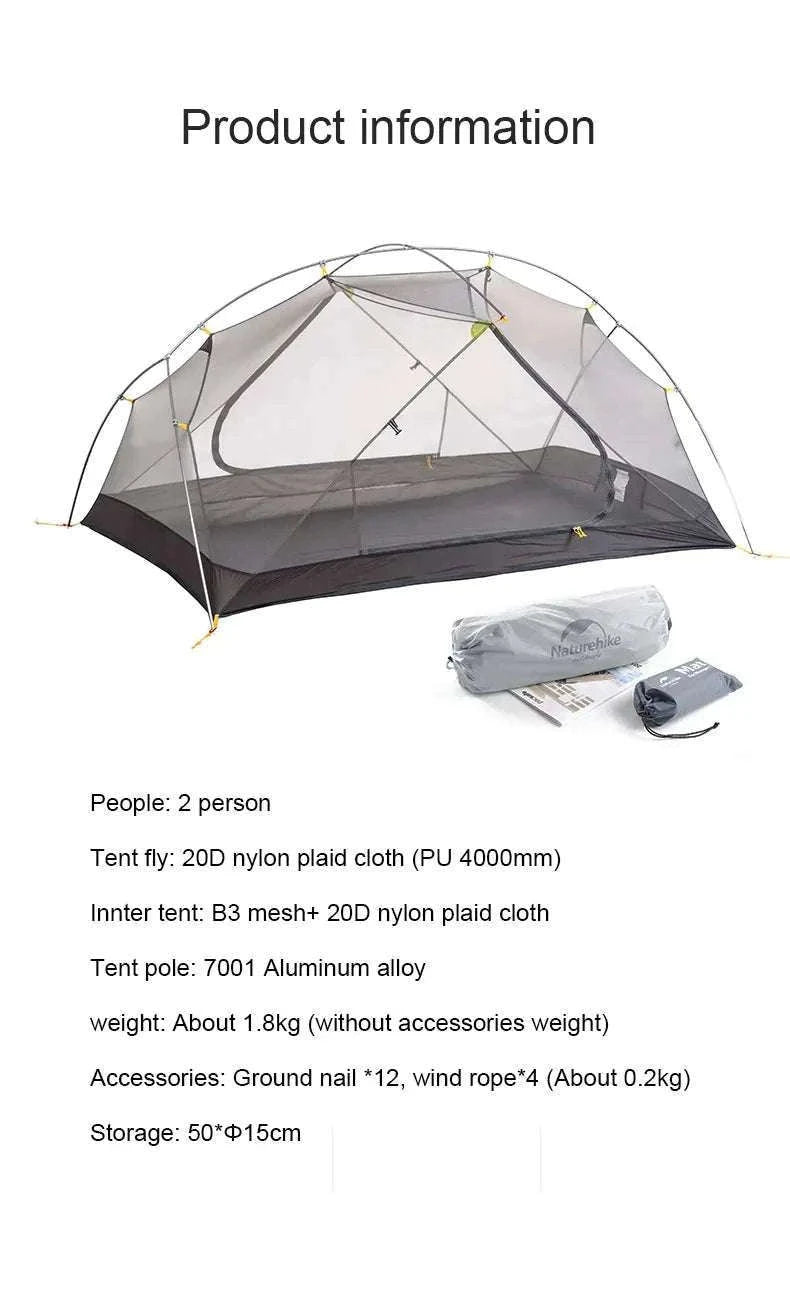 Ultralight 2-Person Waterproof Trekking Tent 20D Nylon 1.8kg-2P - 20D - Gray / brazil