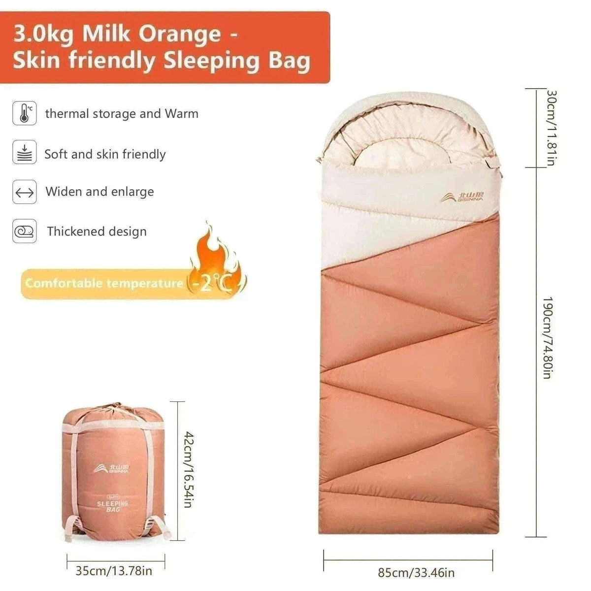 Ultralight 4 Season Camping Sleeping Bag-Orange 1.6kg