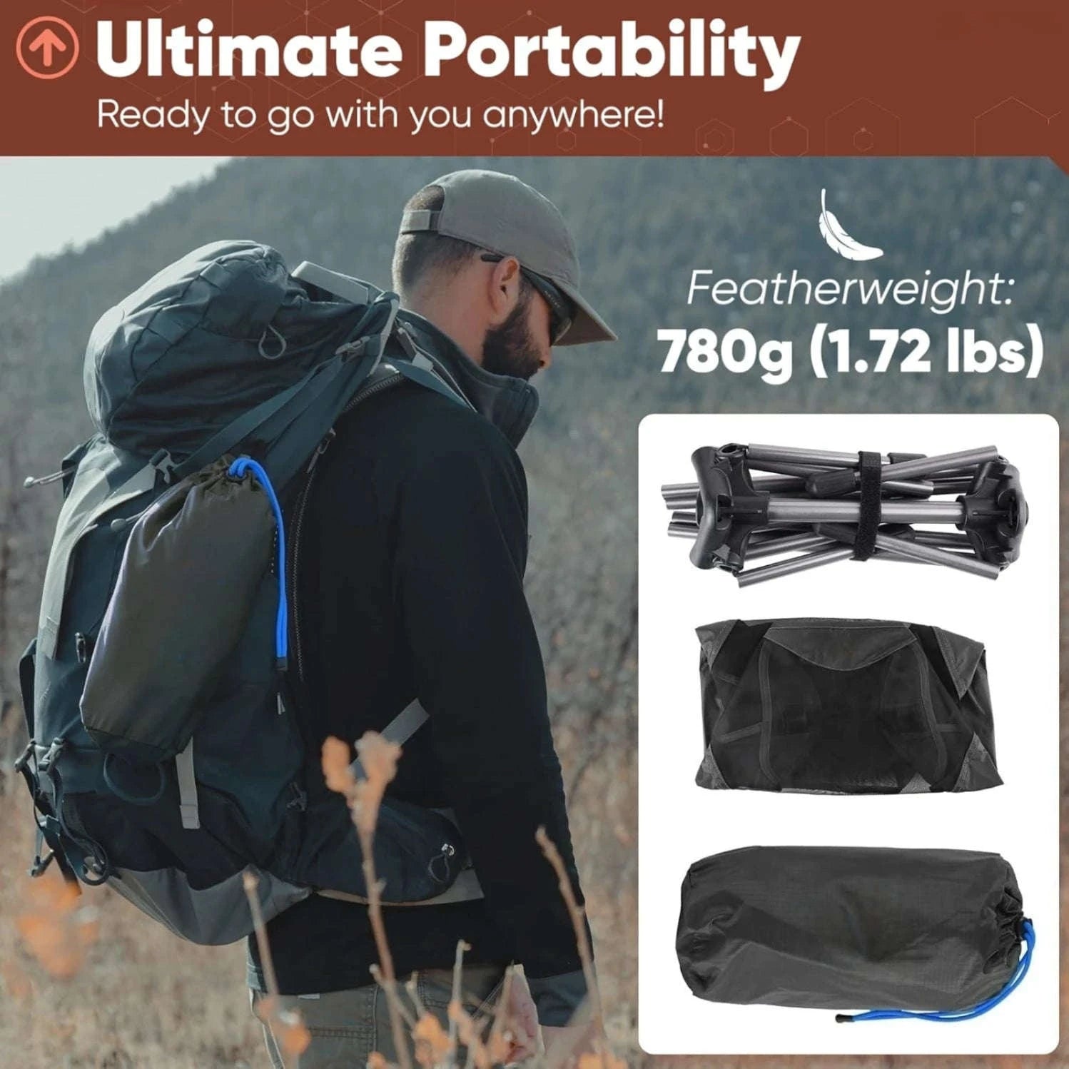 Ultralight Foldable Camping Chair 780g for Hiking and Travel-Grey