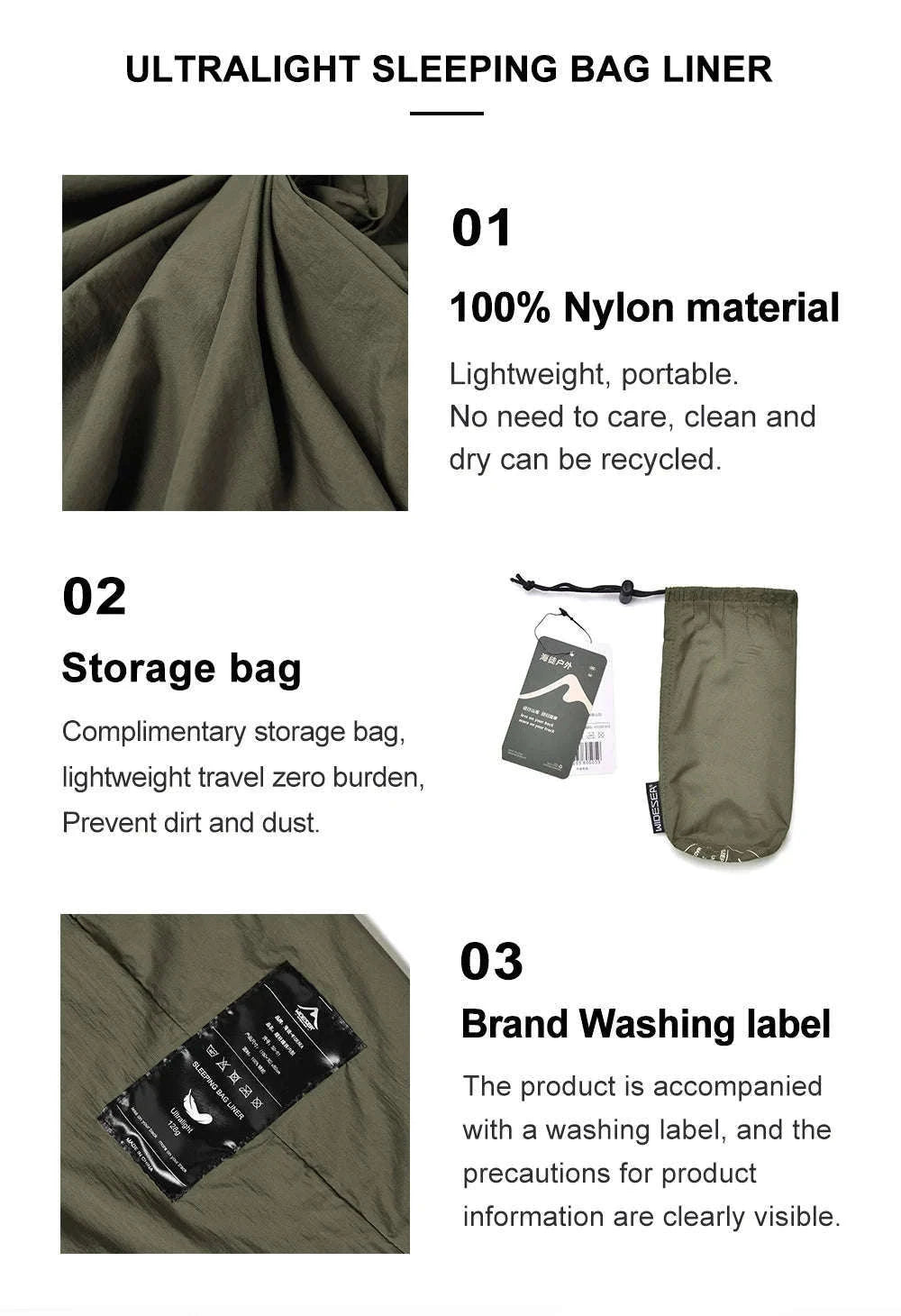 Ultralight Mummy Sleeping Bag Liner for Travel and Camping-GREY