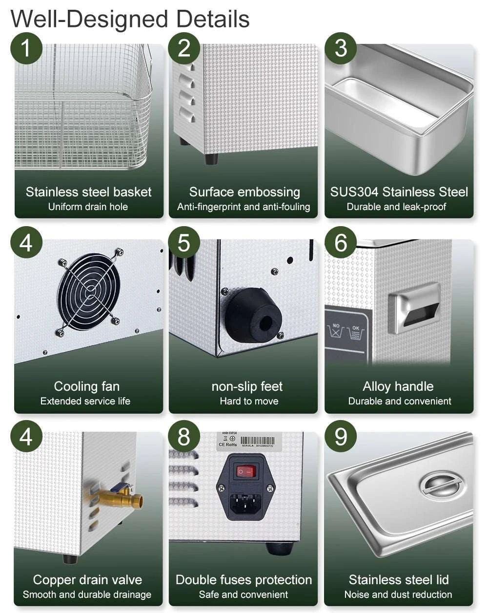 Ultrasonic Cleaner 1.3L–30L 40kHz Deep Cleaning Machine-1.3L 60W CJ009SD / UK / China Mainland