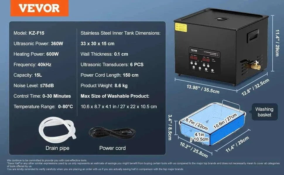Ultrasonic Cleaner 2L–15L 40kHz Deep Cleaning with Timer & Heat-15L / Poland