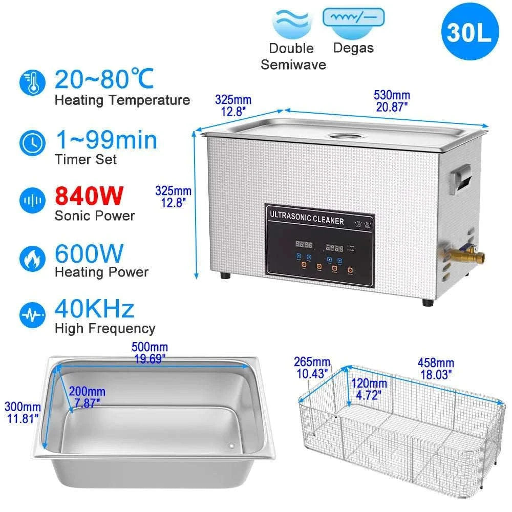 Ultrasonic Cleaner Machine 40kHz Heated Bath for Jewelry, Dental & Tools-30L 840W CJ100SD-4 / EU / China Mainland
