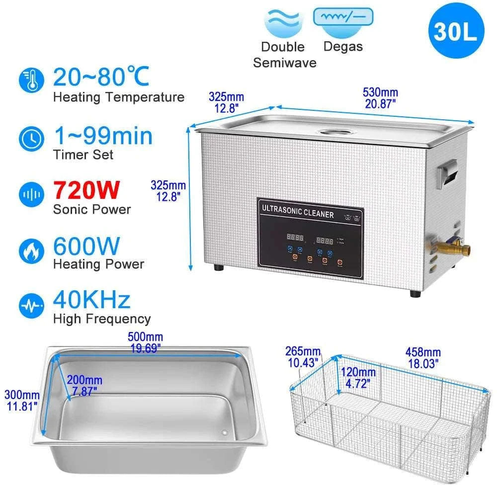 Ultrasonic Cleaner Machine 40kHz Heated Bath for Jewelry, Dental & Tools-30L 840W CJ100SD-4 / EU / China Mainland