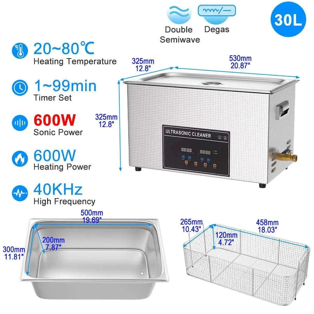 Ultrasonic Cleaner Machine 40kHz Heated Bath for Jewelry, Dental & Tools-30L 840W CJ100SD-4 / EU / China Mainland
