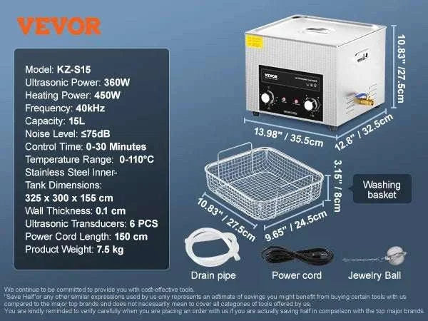 Ultrasonic Cleaner with Heater & Timer for Parts, Tools & Jewelry-3L / United States