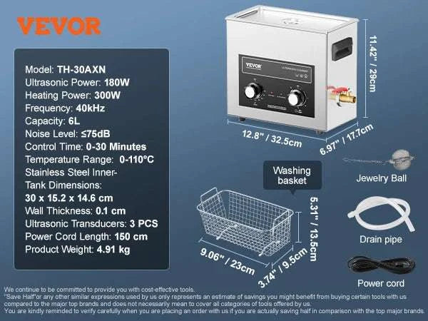 Ultrasonic Cleaner with Heater & Timer for Parts, Tools & Jewelry-3L / United States
