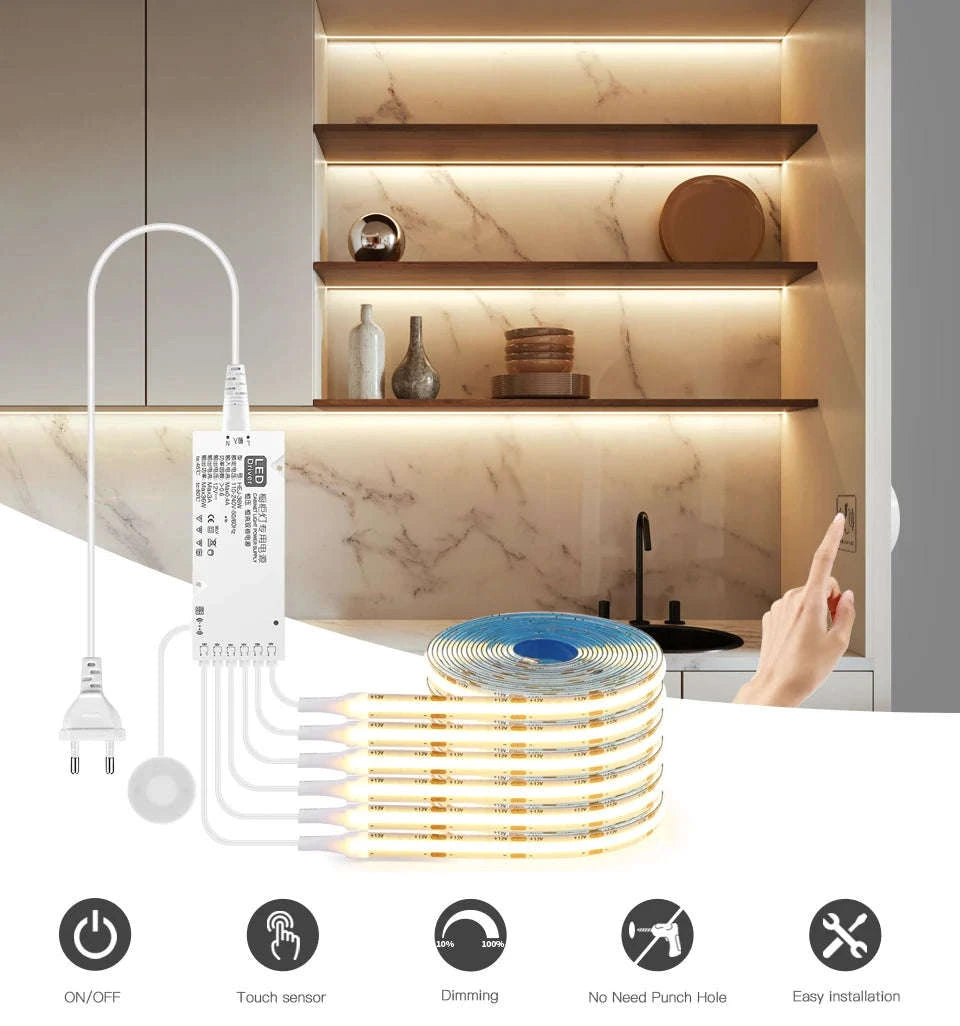 Under Cabinet COB LED Strip Light with Touch Dimmer-2PCS LED Strip / Neutral White / EU Power Plug|2m