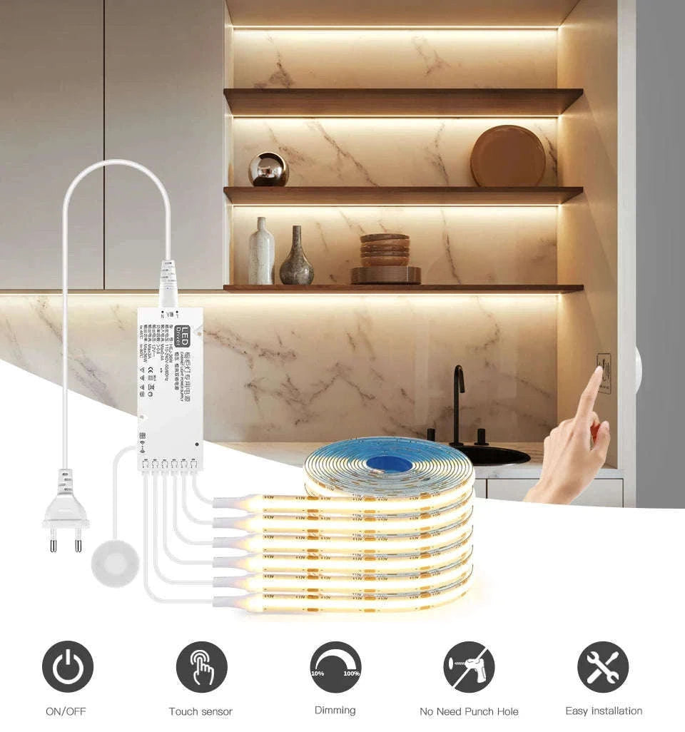 Under Cabinet COB LED Strip Light with Touch Dimmer-2PCS LED Strip / Neutral White / EU Power Plug|2m