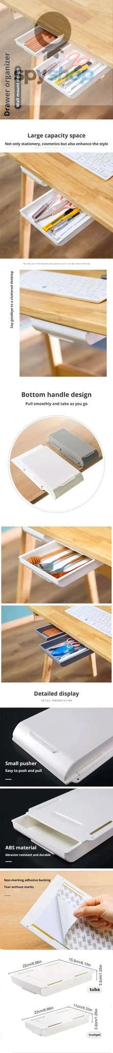 Under-Desk Storage Drawer – Hidden Workspace Organizer with Adhesive Mount-Grey L