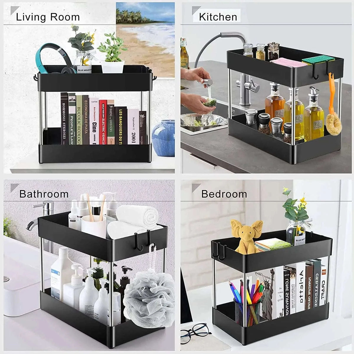 Under Sink Storage Organizer with 2-Tier Pull-Out Drawers-1PCS / black with hook