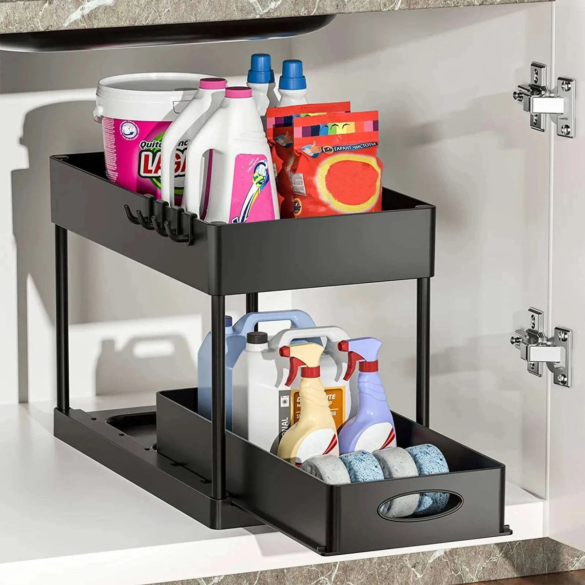 Under Sink Storage Organizer with 2-Tier Pull-Out Drawers-1PCS / black with hook