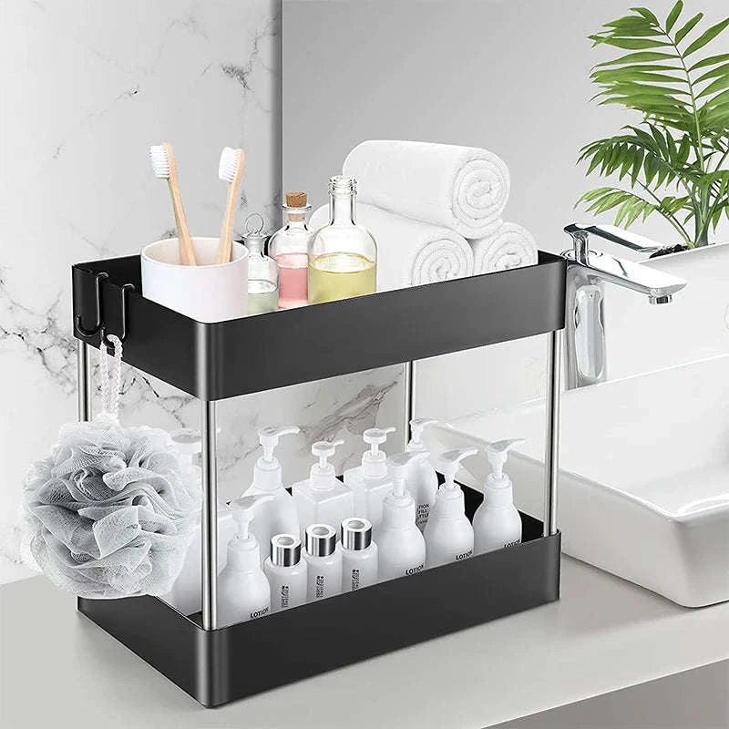 Under Sink Storage Organizer with 2‑Tier Pull-Out Drawers-1PCS / black with hook