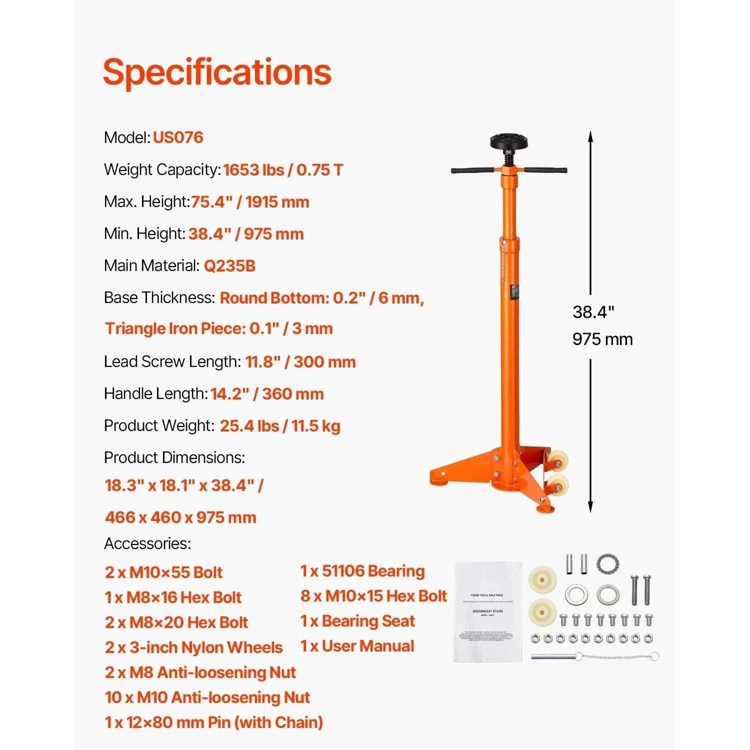 Underhoist Jack Stand 3/4 Ton Adjustable Support with Wheels-Round base / United States