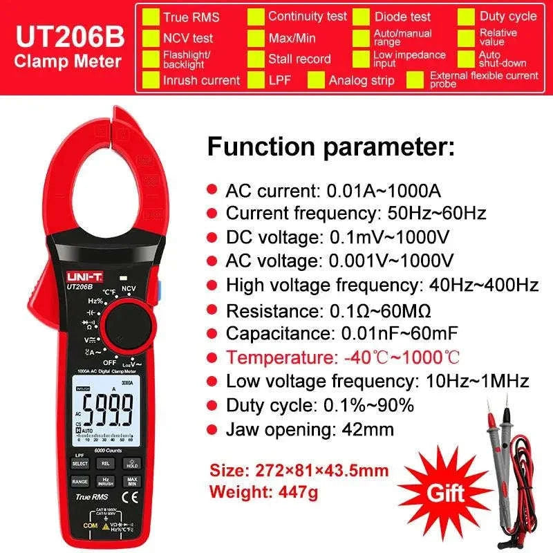 UNI-T True RMS Digital Clamp Meter – 1000A Range, Precision Electrical Testing-UT206B / CHINA