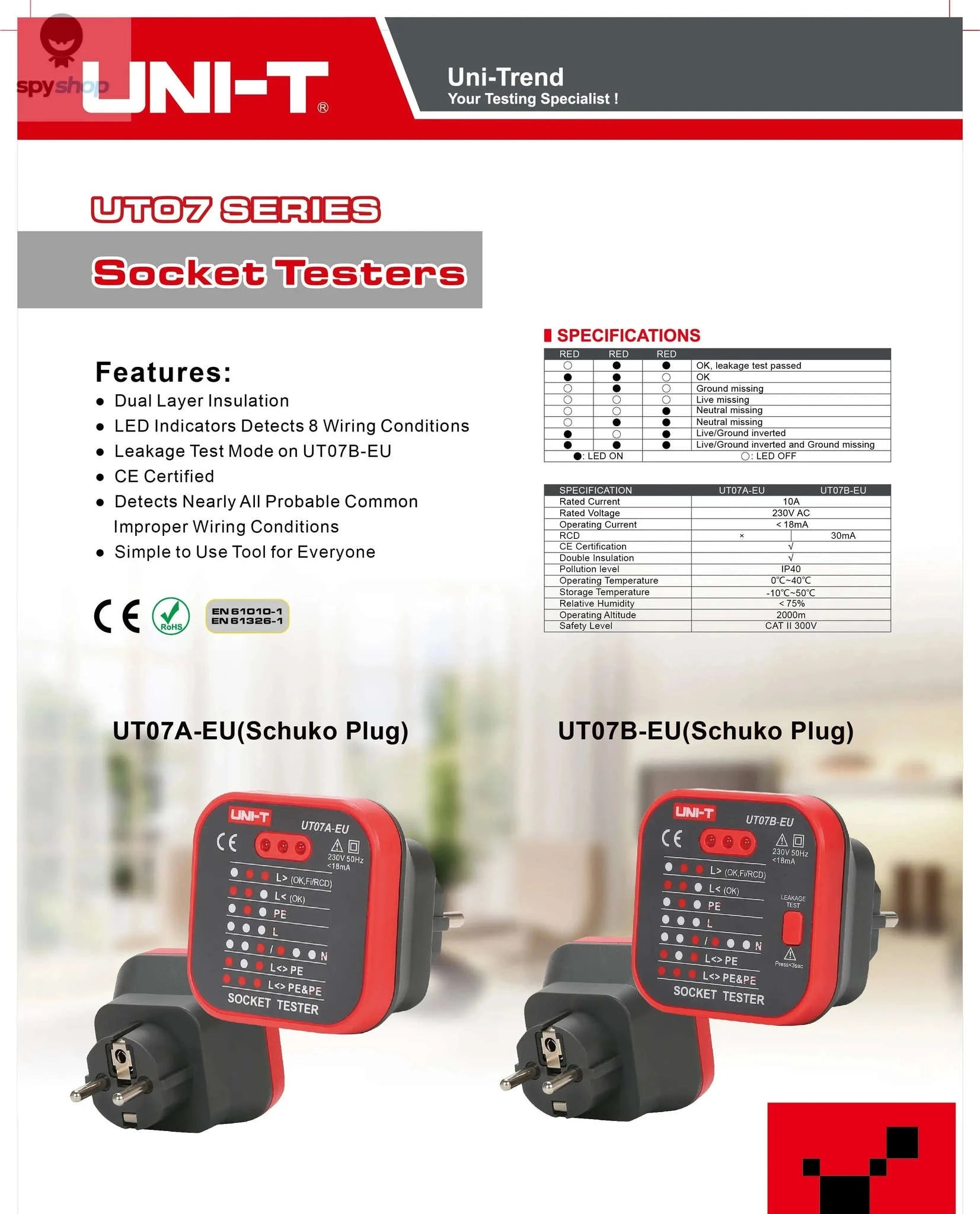 UNI-T UT07 Outlet Socket Tester – Fast Wiring Diagnostics and RCD Check-UT07B-EU / CHINA