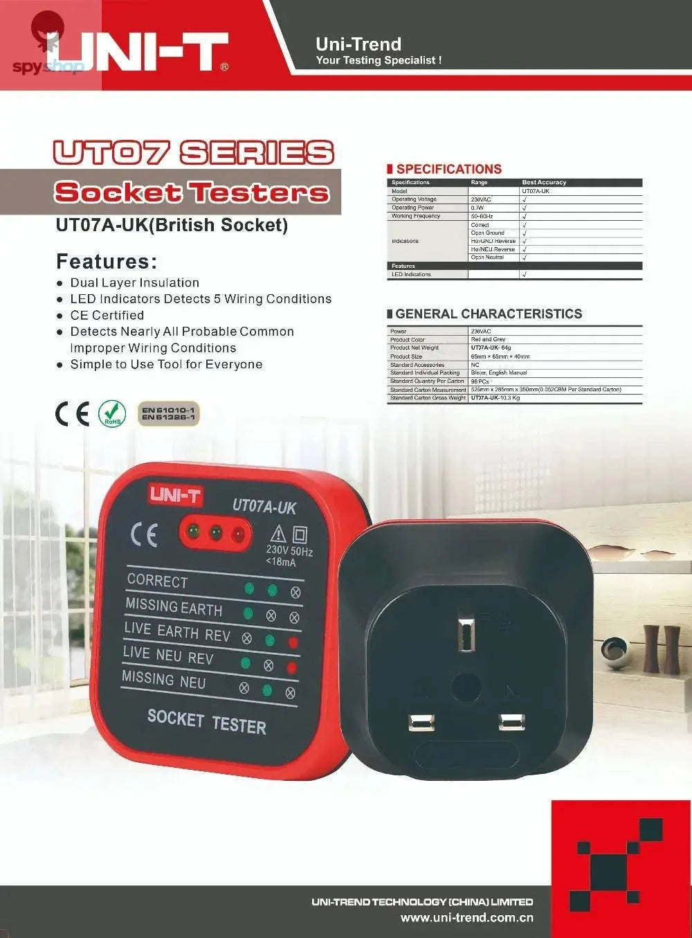 UNI-T UT07 Outlet Socket Tester – Fast Wiring Diagnostics and RCD Check-UT07B-EU / CHINA