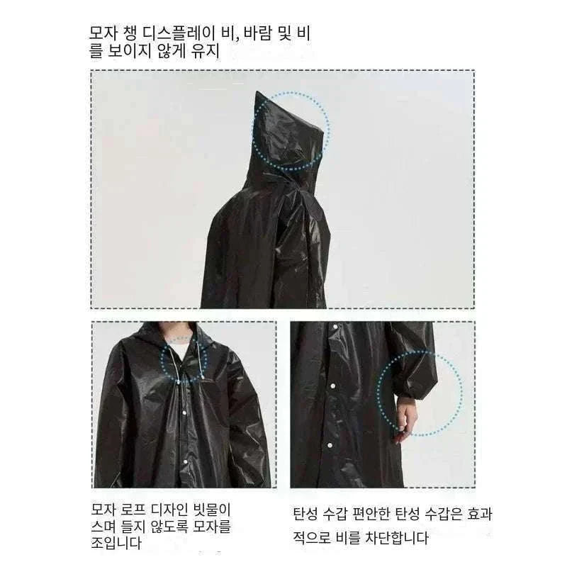 Unisex EVA Waterproof Raincoat with Hood and Button Front-black