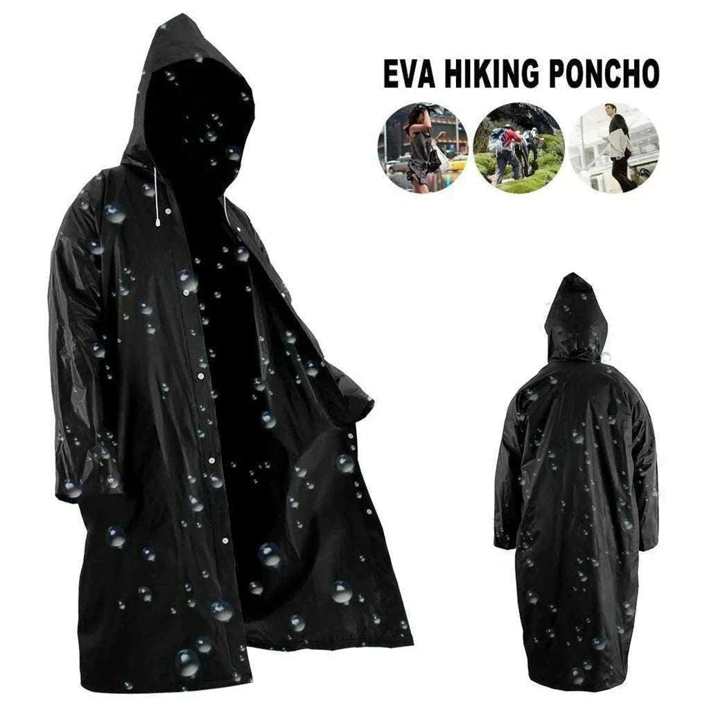 Unisex EVA Waterproof Raincoat with Hood and Button Front-black