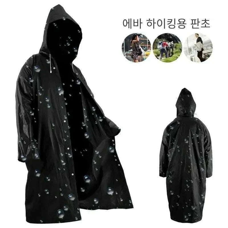 Unisex EVA Waterproof Raincoat with Hood and Button Front-black
