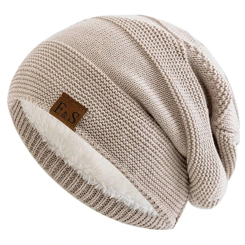 Unisex Slouchy Winter Hat with Fur Lining — Warm Casual Beanie-White / 56cm-60cm
