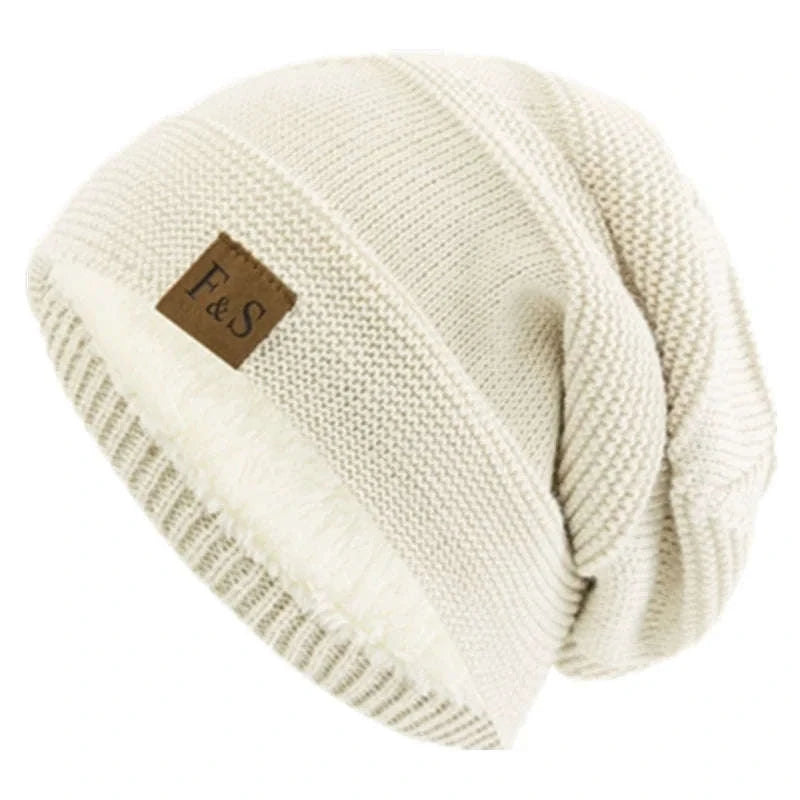 Unisex Slouchy Winter Hat with Fur Lining — Warm Casual Beanie-White / 56cm-60cm