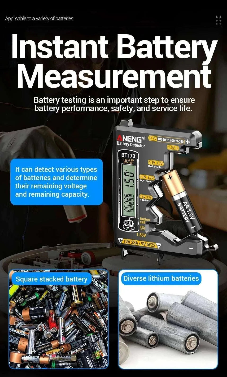 Universal Battery Tester for AA AAA C D 9V Button Cell and Lithium-Black
