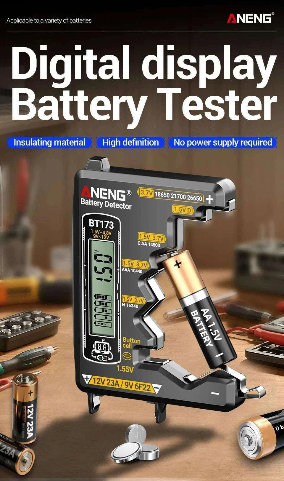 Universal Battery Tester for AA AAA C D 9V Button Cell and Lithium-Black